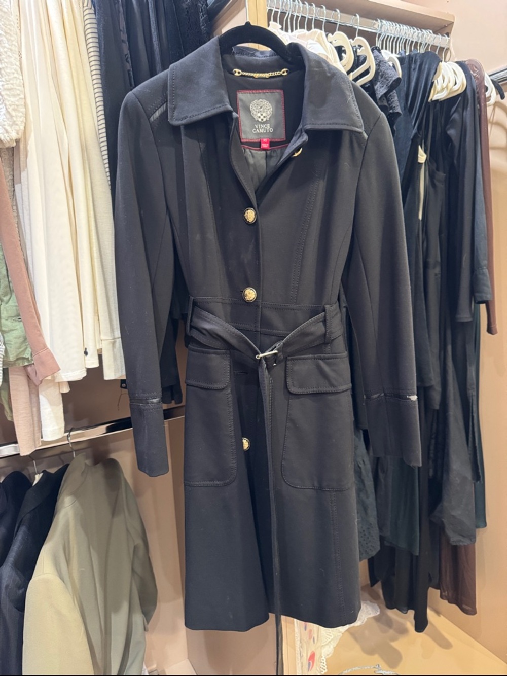 Vince Camuto Black Belted Trench Coat with Gold Buttons